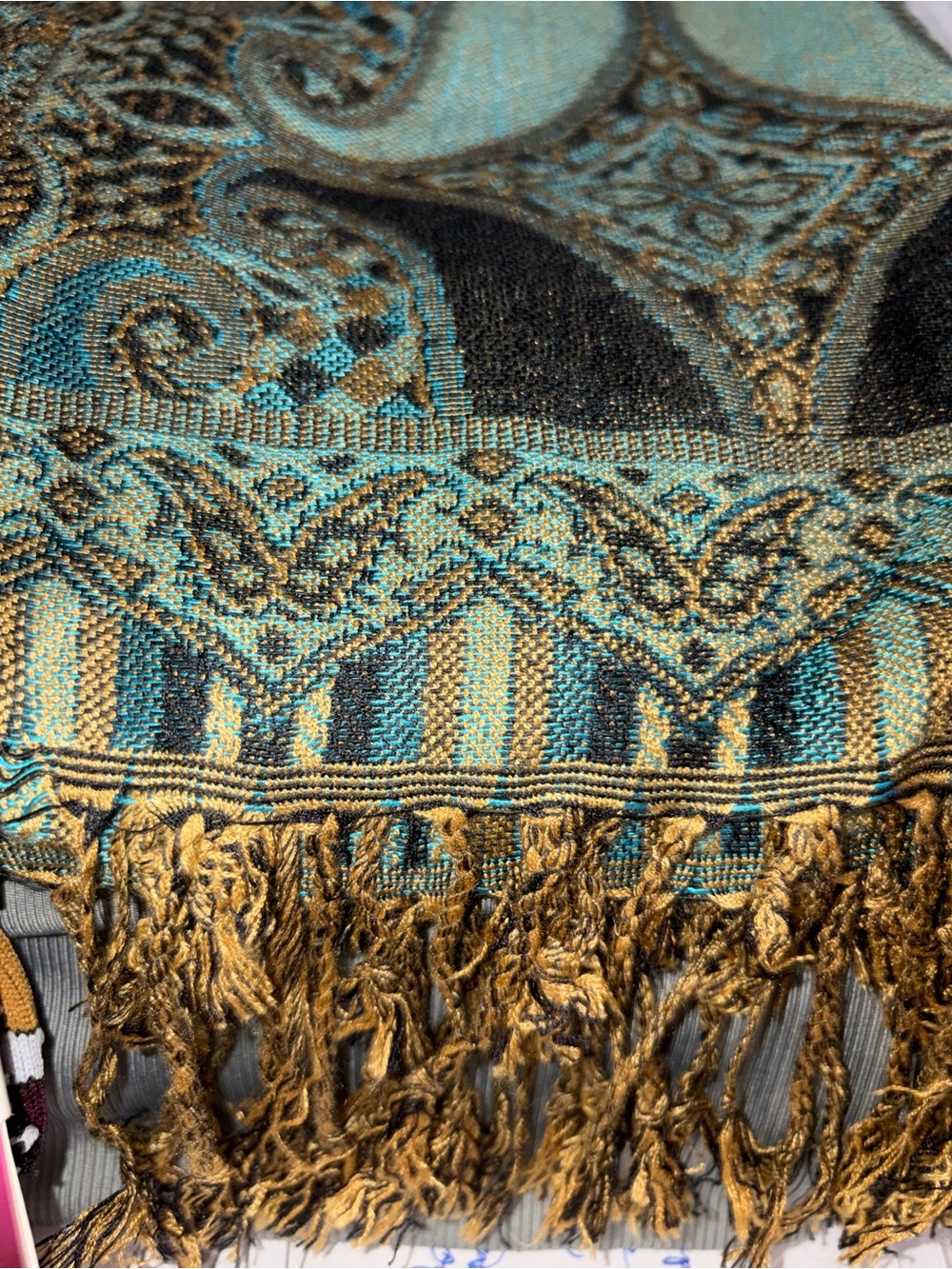 Turquoise and Gold Woven Paisley Home Accent Throw Scarf